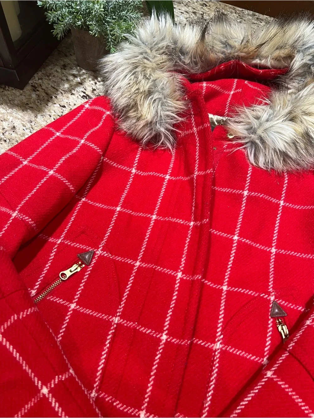 JCrew Chateau Wool Parka Red White Windowpane Plaid Coat w/ Faux Fur Trim Hood 2